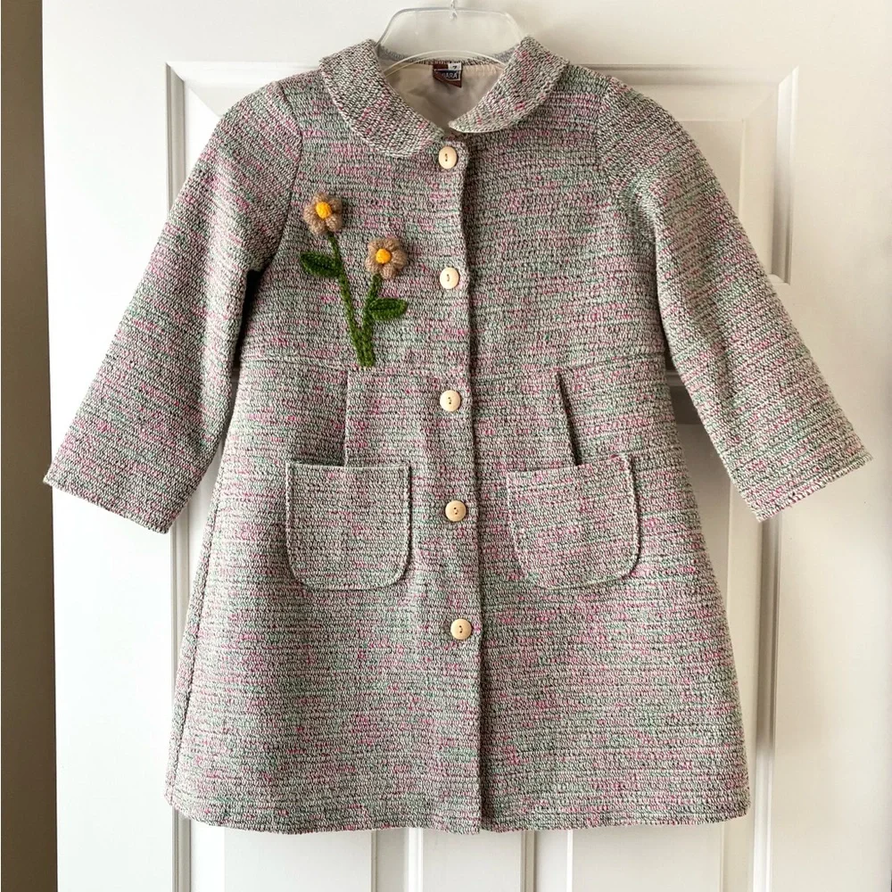 Chiara Girl’s Charming Tweed Coat with Floral Embroidery Pink Green Hues Size 7